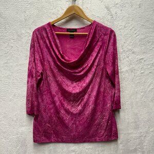 Susan Lawrence Sparkle Tunic Top Women Large Hot Pink Glittery Stretch Cowl Neck